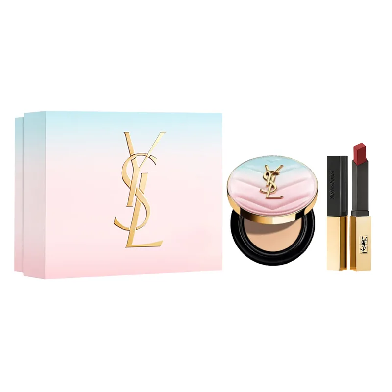 SAINT LAURENT Набор для макияжа с воздушной подушкой Twilight Daybreak Limited, естественное и стойкое маскирование, Two-Piece Set: Gold Bar Lipstick #1966 2.2g+Limited Pink Cushion #B10 12g
