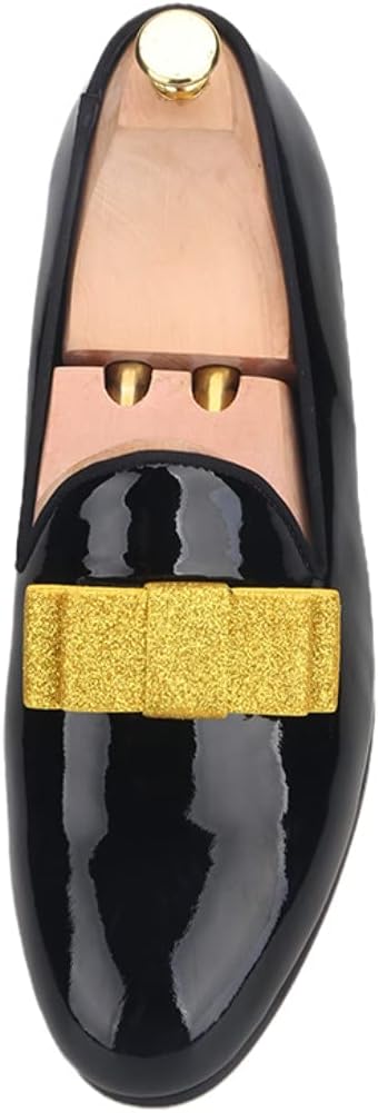 

Мужские лаковые туфли FERUCCI черного цвета с золотым бантом, лоферы для выпускного и свадьбы