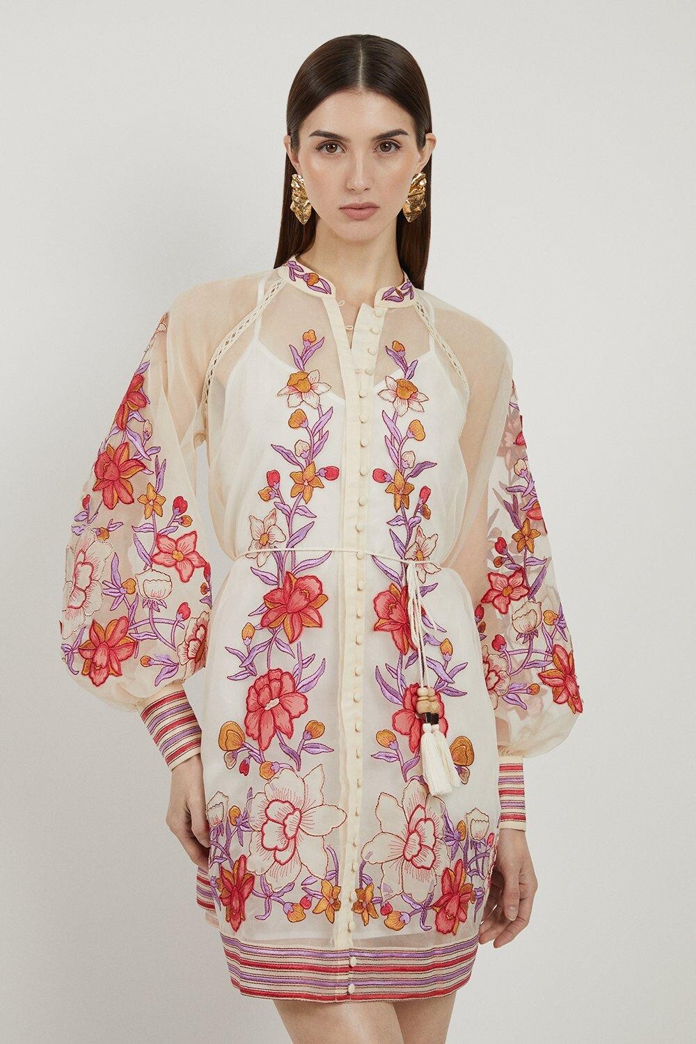 

Мини-платье из органди с цветочной вышивкой и вышивкой Karen Millen, розовый