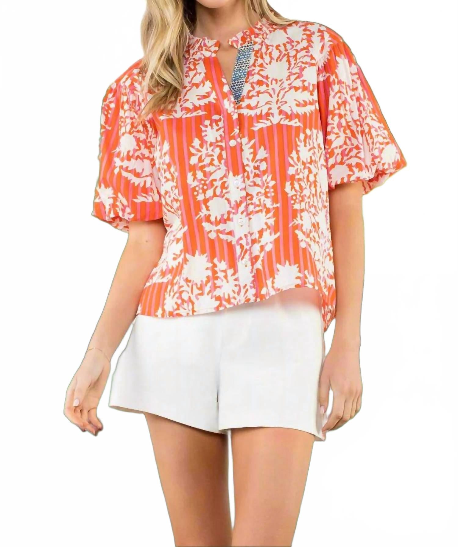 

Блузка с рукавами-фонариками в ботаническую полоску кораллового цвета Thml, коралловый