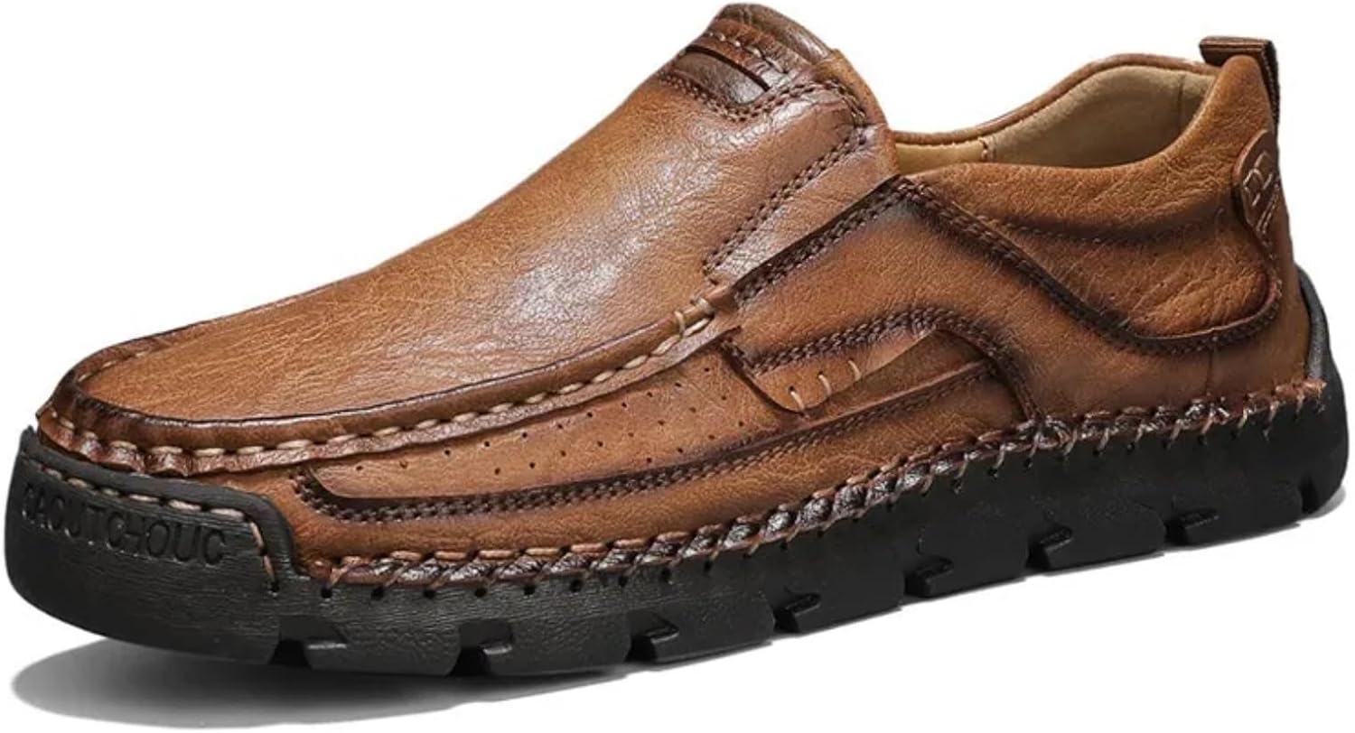 

Мужская ортопедическая обувь - кожаные водонепроницаемые, нескользящие и противоударные корректирующие лоферы ручной работы - с широким носком Kbowq, светло-коричневый