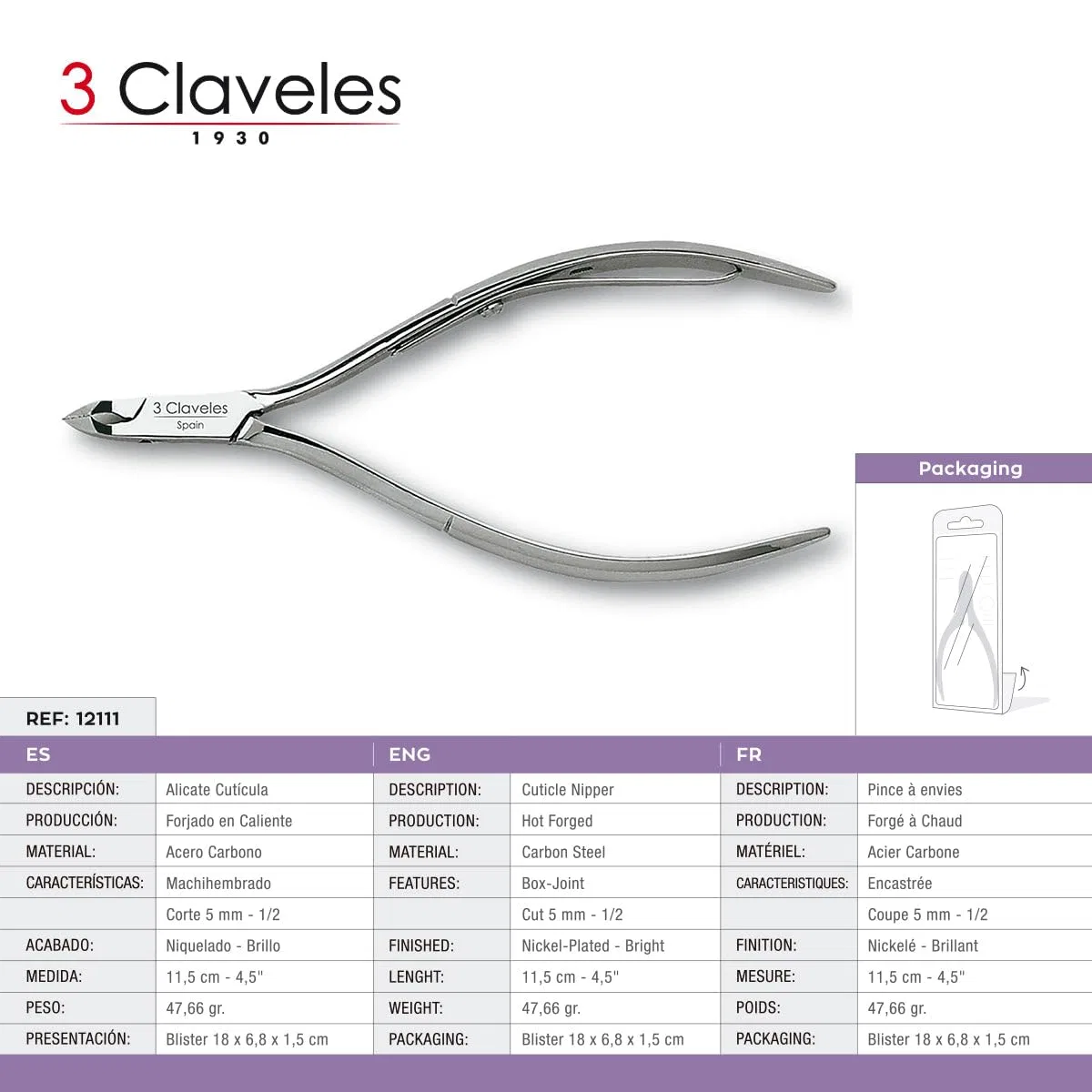 Кусачки для кутикулы «12111» от 3 Claveles, 11.5 см 3 Claveles — фото 3