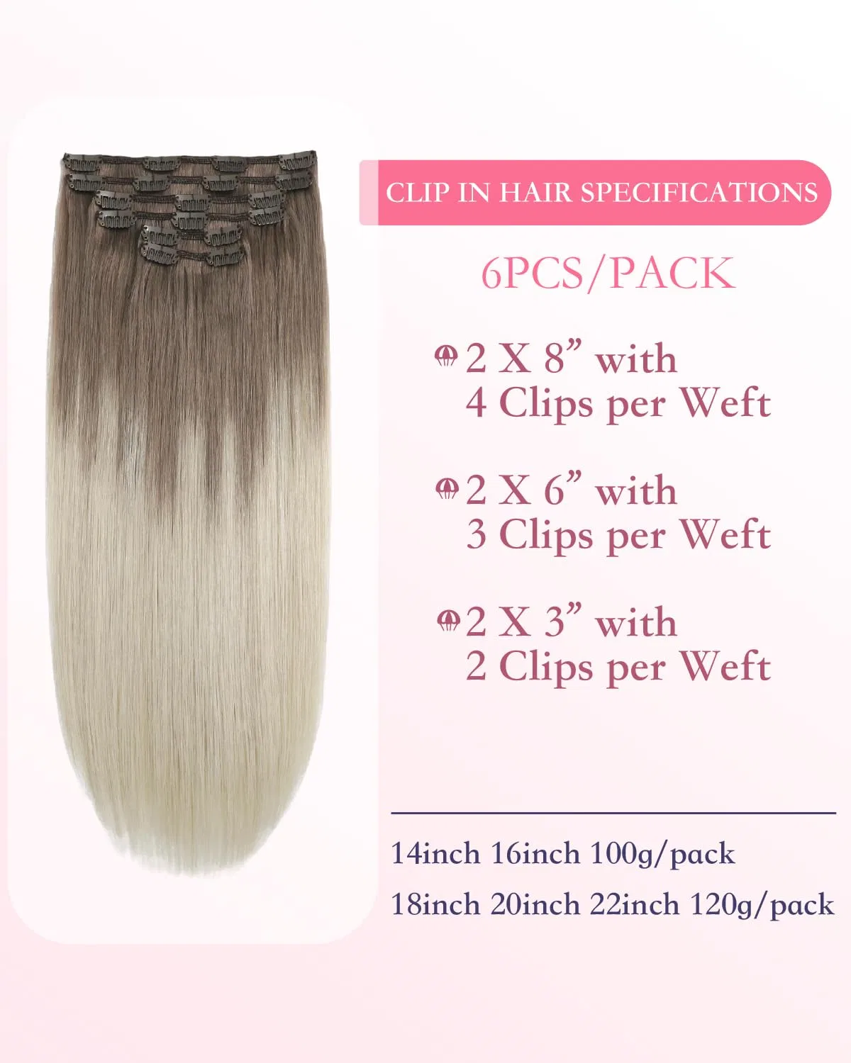 Наращивание волос на заколках Sindra Clip Real Hair Extensions, 50 см, 120 г Sindra, #8T60 Ash Brown To Platinum Blonde — фото 2