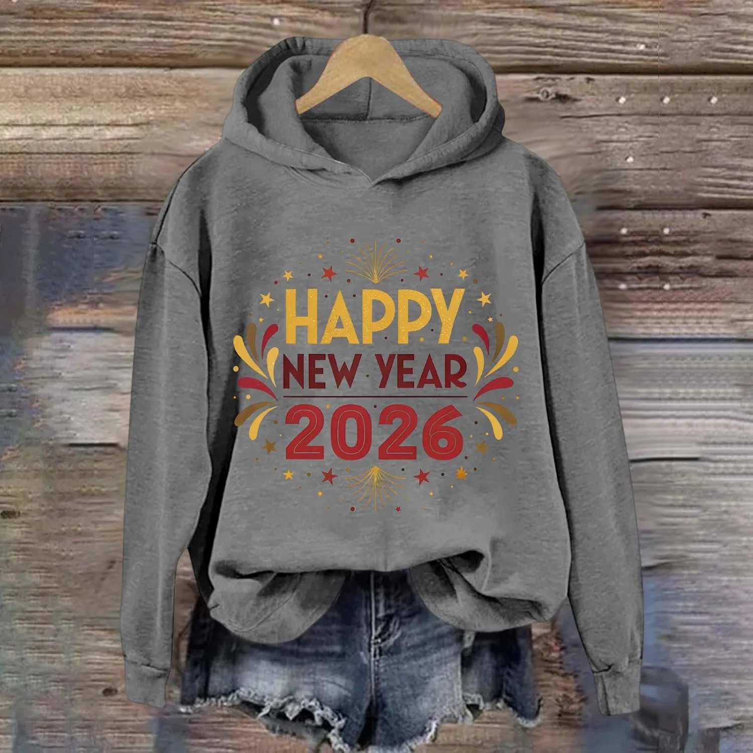 Худи женское с принтом Happy New Year 2026, оверсайз, серое — фото 4