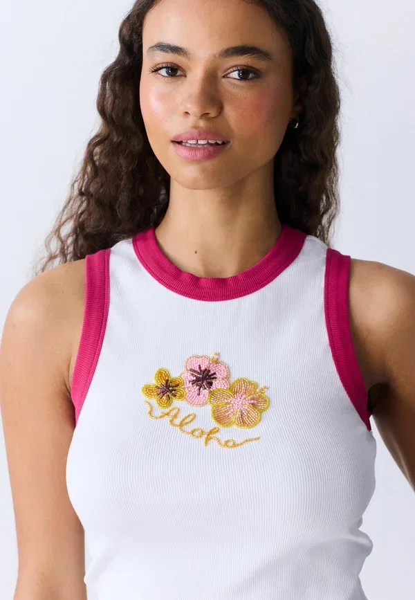 Топ Regular fit Next, embellished hibiscus sleeveless, белый с розовой окантовкой — фото 2