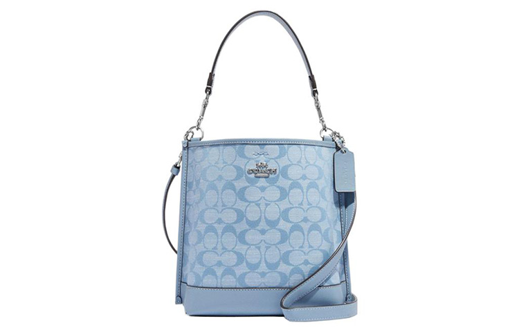 

Сумка-ведро Mollie из кожи коровы с текстильными вставками, женская ручная, плечевая, через плечо, светло-голубая COACH