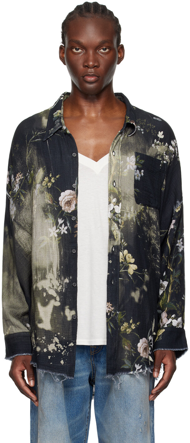 

Черная рубашка с глубоким вырезом и рваными швами R13, Black bleached floral