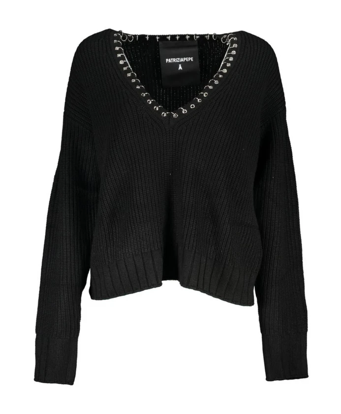 

Пуловер с V-образным вырезом, контрастными деталями и логотипом. Patrizia Pepe, черный