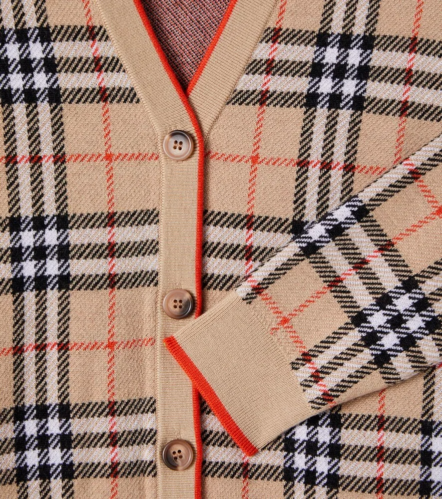 Шерстяной кардиган Burberry в клетку Burberry Kids, бежевый — фото 3