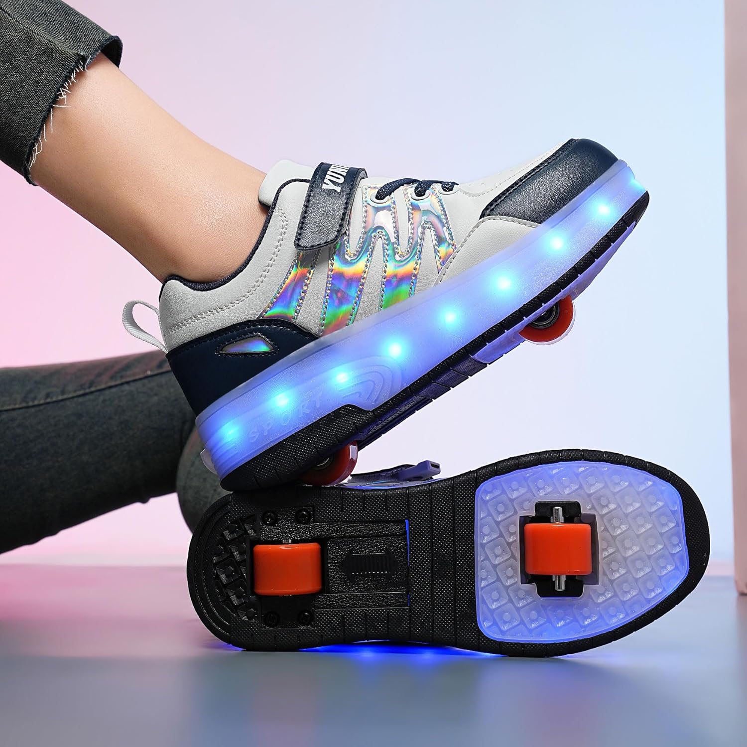 Детские светящиеся кроссовки YUNICUS с LED-подсветкой и колесами, роликовые кроссовки, кроссовки с USB-зарядкой для девочек и мальчиков, лучший подарок на день рождения, Хэллоуин, Рождество, белый — фото 4