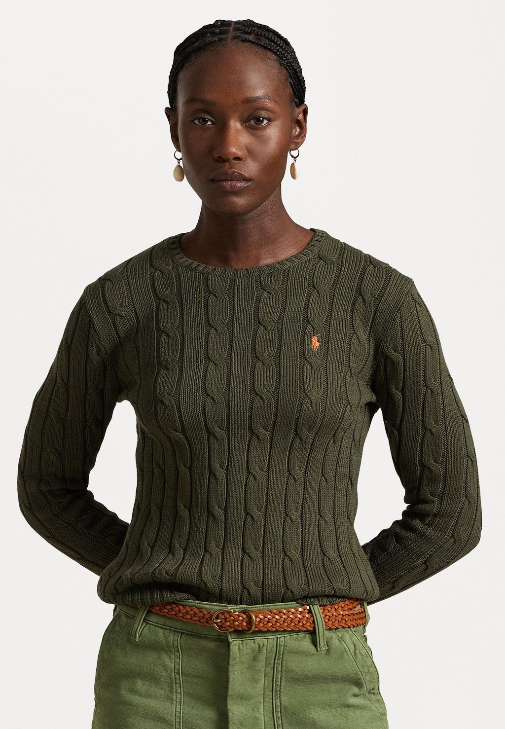 

Свитер CABLE KNIT COTTON CREWNECK SWEATER Polo Ralph Lauren, оливковый