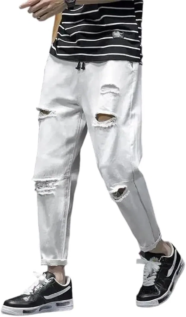 Джинсы, широкие штанины, Men Jeans Harem Streetwear Trousers Wide Leg Cowboy Pants, белые