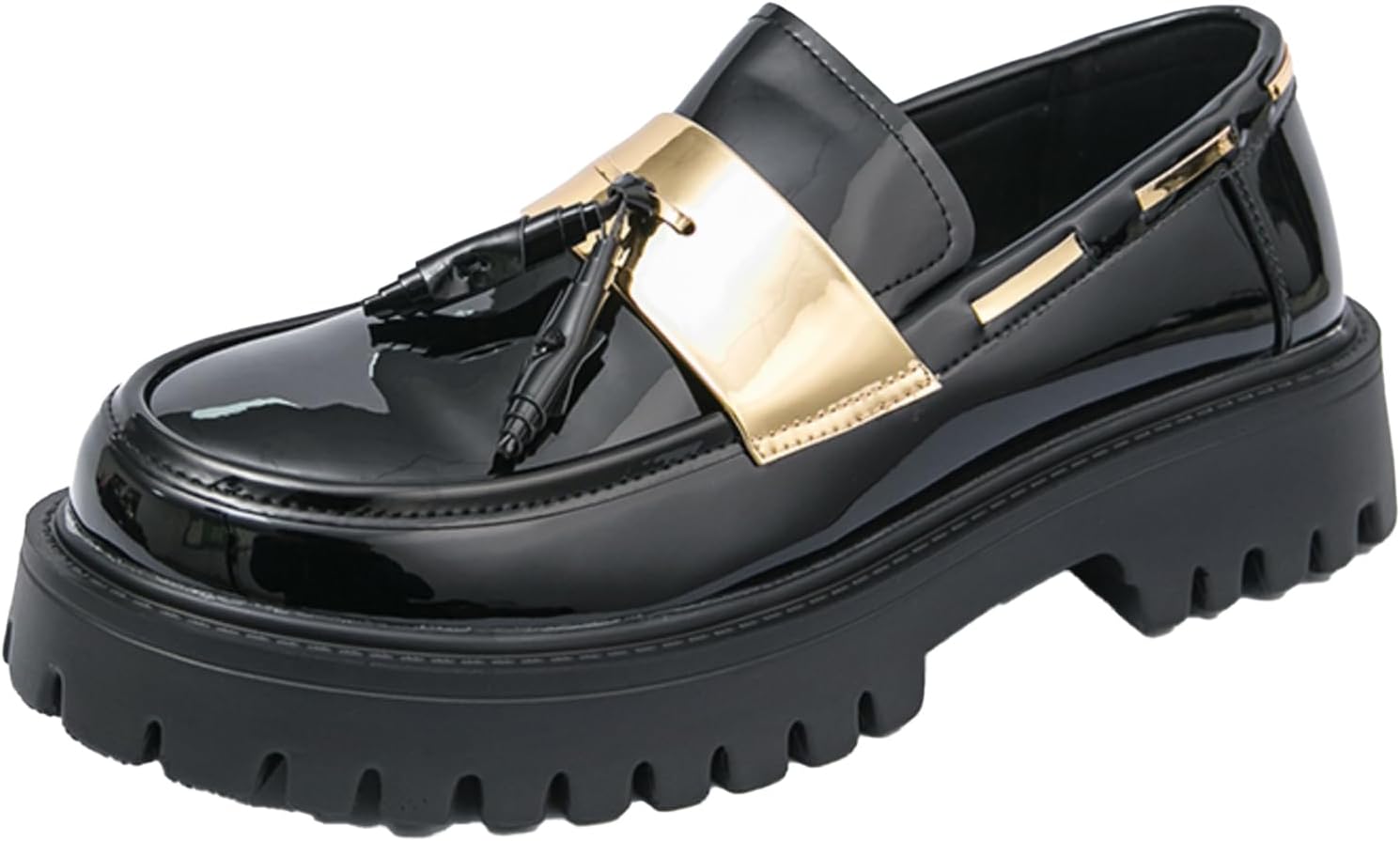 

Мужские лоферы с кисточками на платформе из лакированной кожи, модные, с круглым носком, низкие, с ребристой подошвой, нескользящие, деловые туфли для вечеринки, работы, свиданий и выпускного Qwuieoin, черный