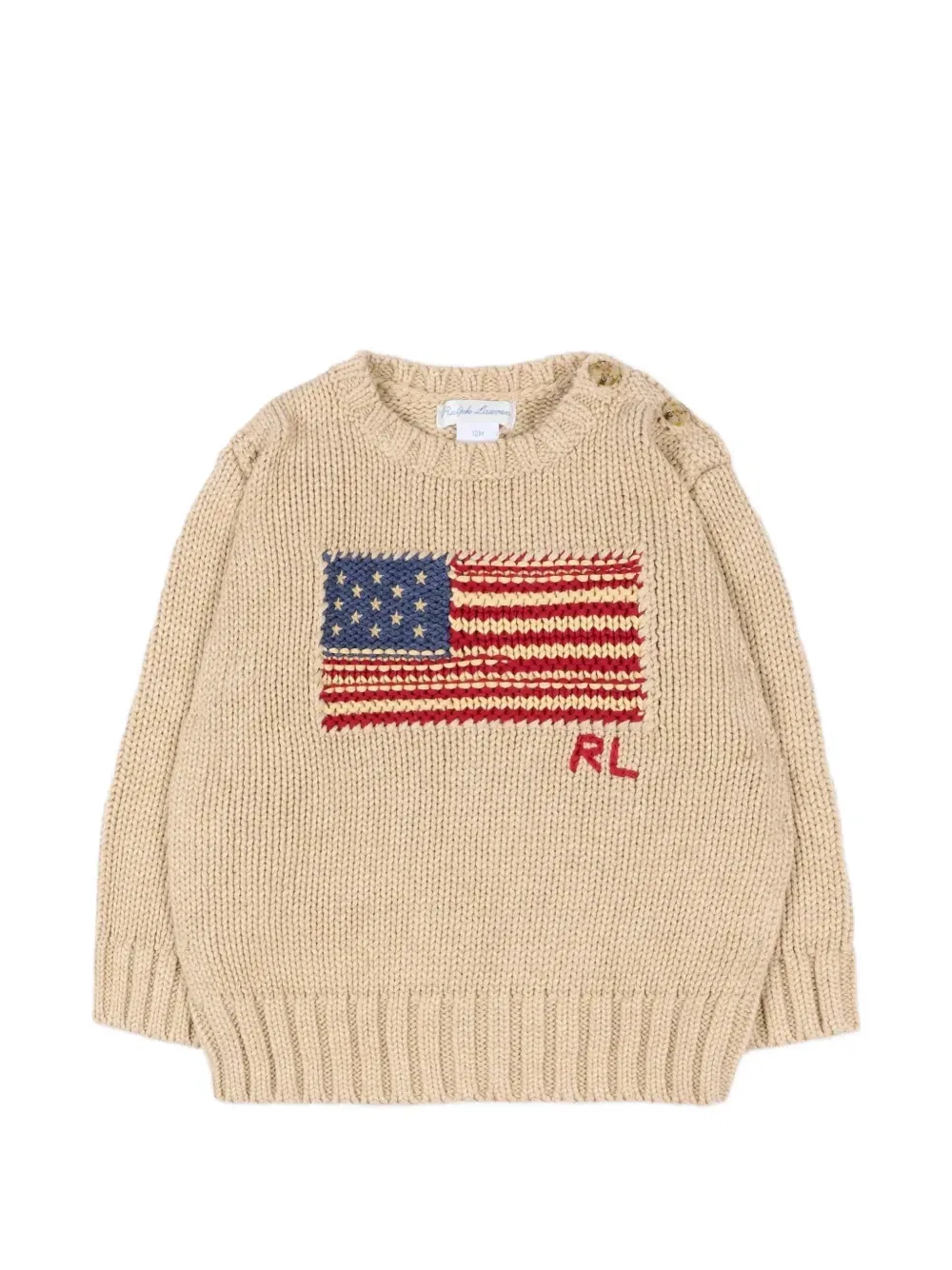Свитер с интарсией в виде флага и пуговицами на плечах POLO RALPH LAUREN KIDS, бежевый