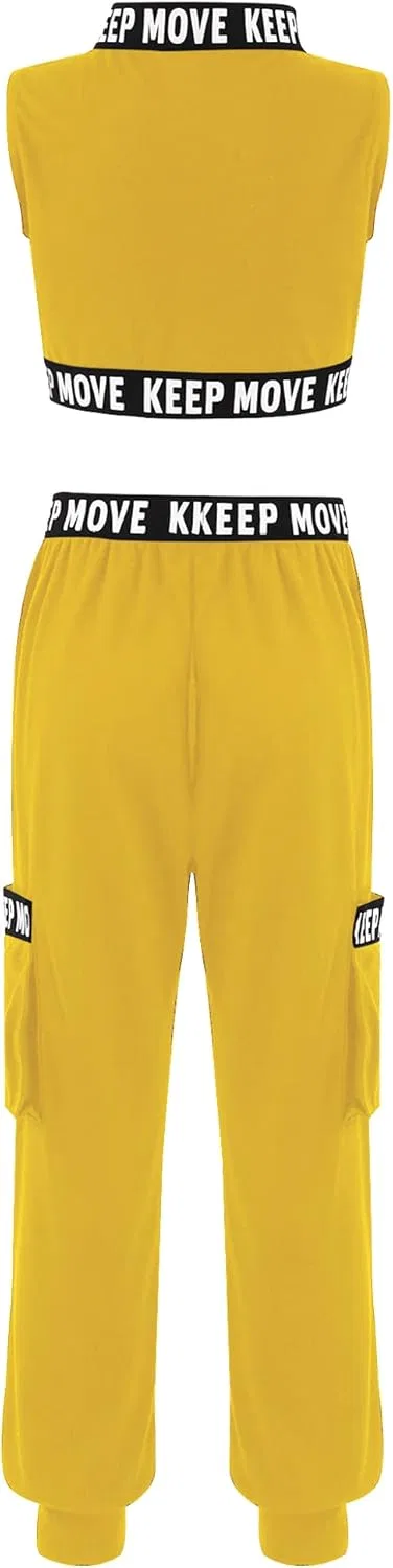 Детский спортивный костюм с принтом Keep Move, Moggemol, топ и леггинсы, Yellow Sleeveless — фото 2