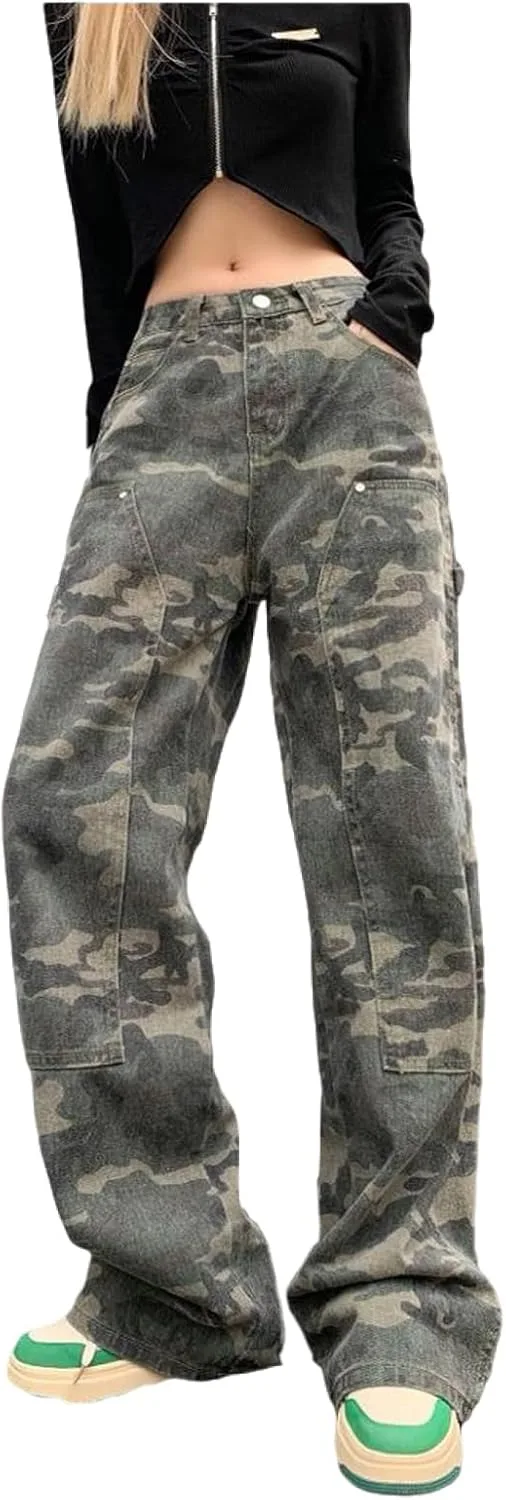 

Прямые рабочие брюки camouflage с высокой талией Ethbox