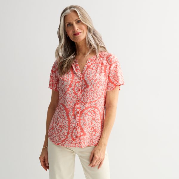 

Миниатюрная женская блузка с короткими рукавами Croft & Barrow, цвет coral floral paisley