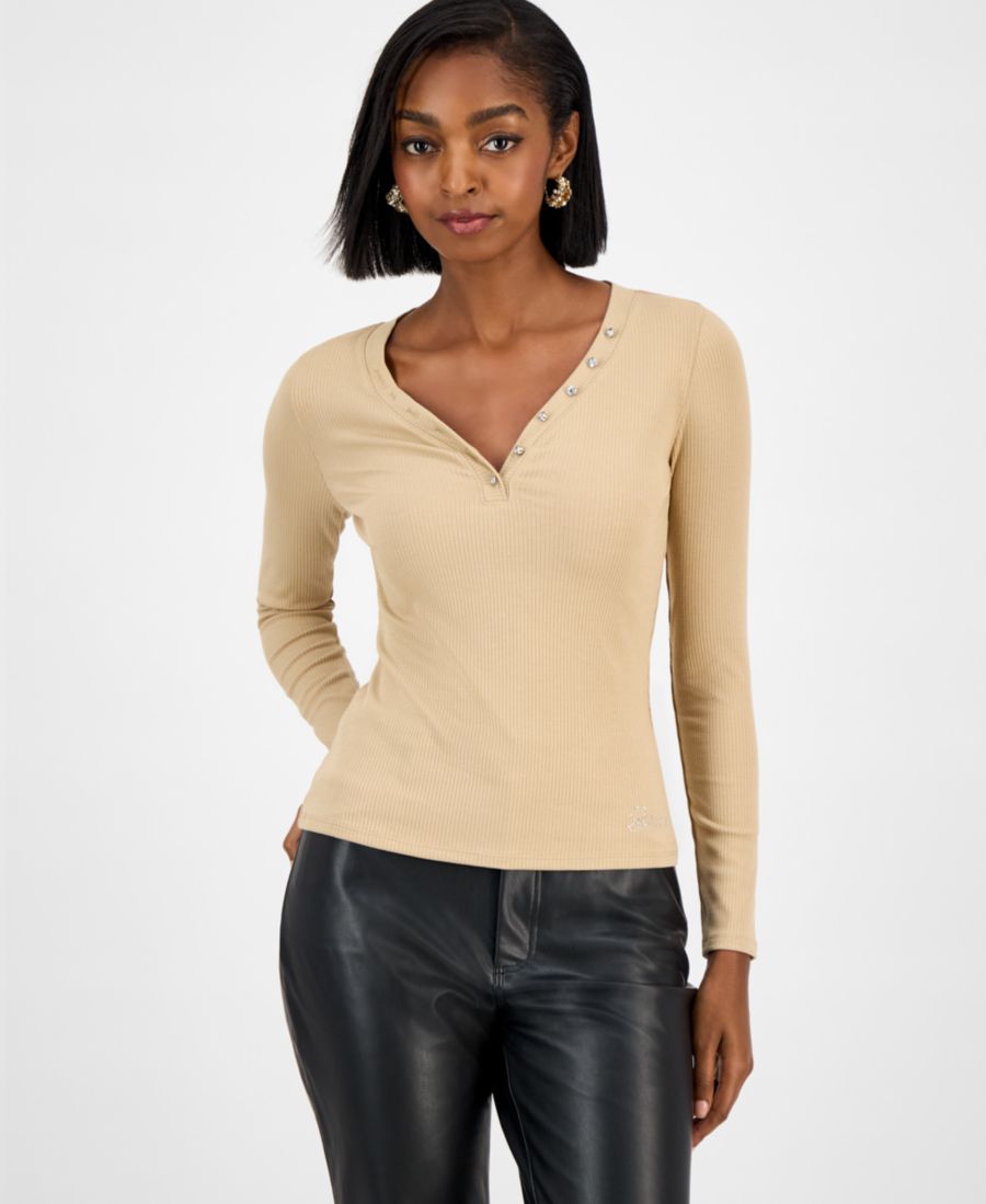 

Женская трикотажная футболка-поло Kyla в рубчик GUESS, Travertine Sand