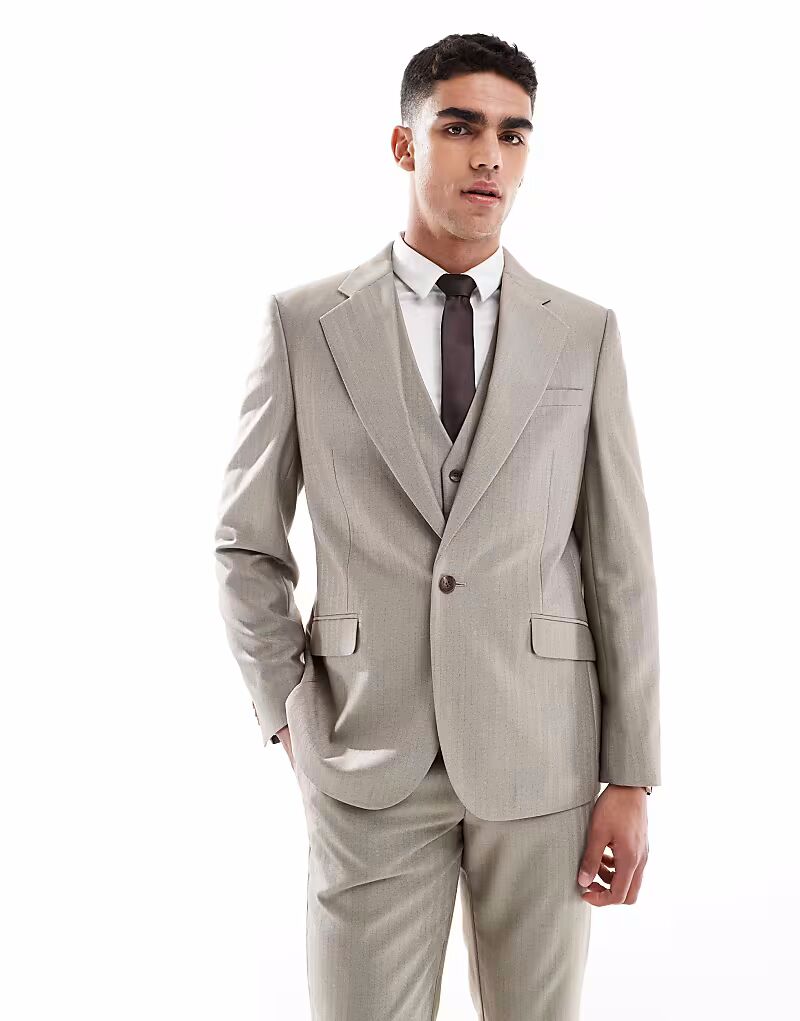 

Свадебный пиджак из шерстяной смеси с узором «ёлочка» коричневого цвета Asos Design