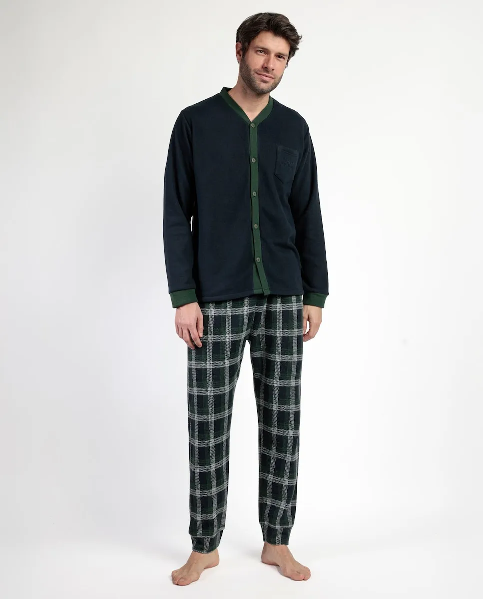 

Длинная мужская пижама на пуговицах из миланской ткани темно-синего цвета Admas