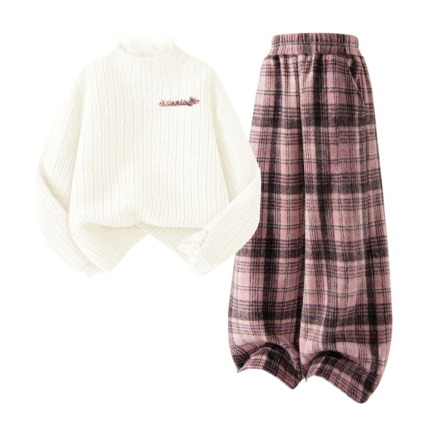 Детский спортивный костюм с круглым вырезом Disney, [Thickened and Fleece-Lined]Di-Long Metal Label K Ecru+Solid Color Pink Plaid