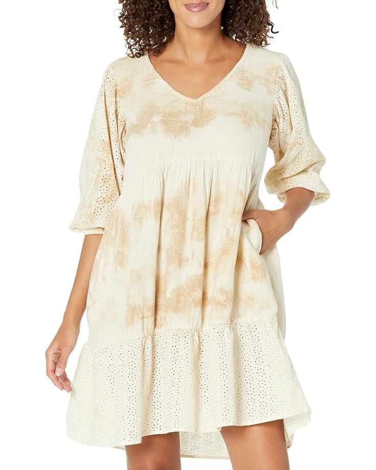 

Платье Mod-o-doc Static Wave Tie-Dye Gauze 3/4 Sleeve Lace Mix-Media V-Neck, цвет Coastal Shore