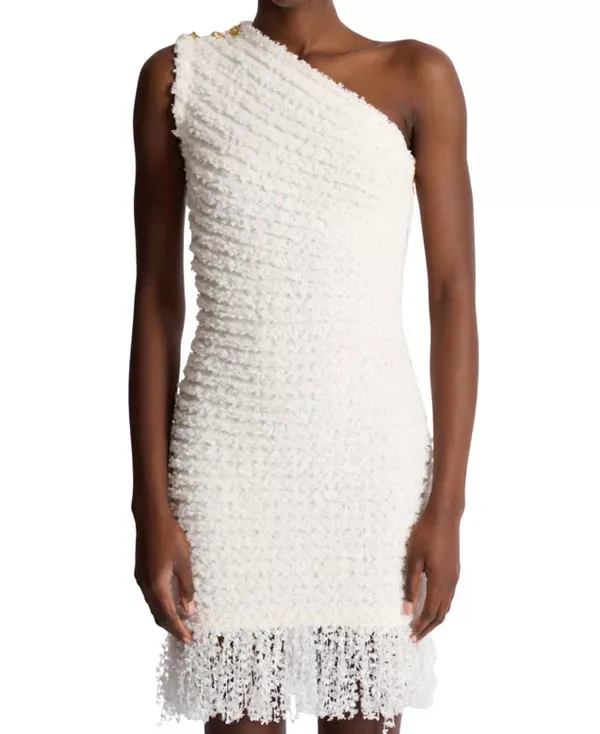 Платье из твида в горошек на одно плечо Balmain, White — фото 4