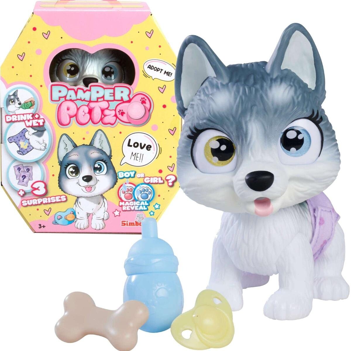 

Интерактивная собака Pamper Petz Хаски из банды подгузников 20 см + аксессуары Simba
