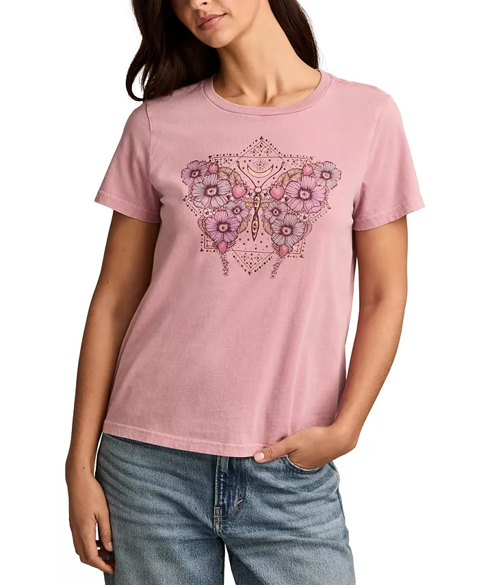 

Женская хлопковая классическая футболка с круглым вырезом Celestial Floral Butterfly Lucky Brand, розовый