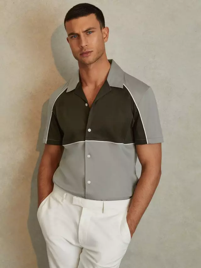 

Рубашка Reiss Gino Mercerised Cotton Colourblock Cuban Collar, цвет sage/green