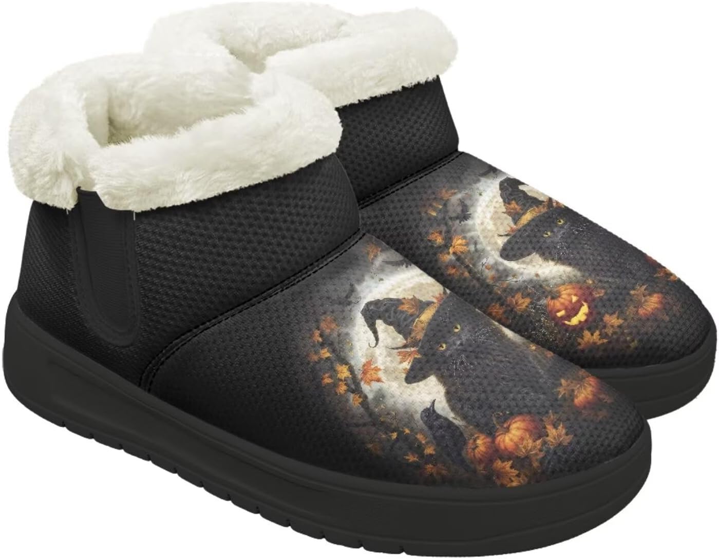 

Женские и мужские зимние ботинки Forchrinse на Хэллоуин с меховой подкладкой, модные теплые ботильоны, Halloween Black Cat Pumpkin Print