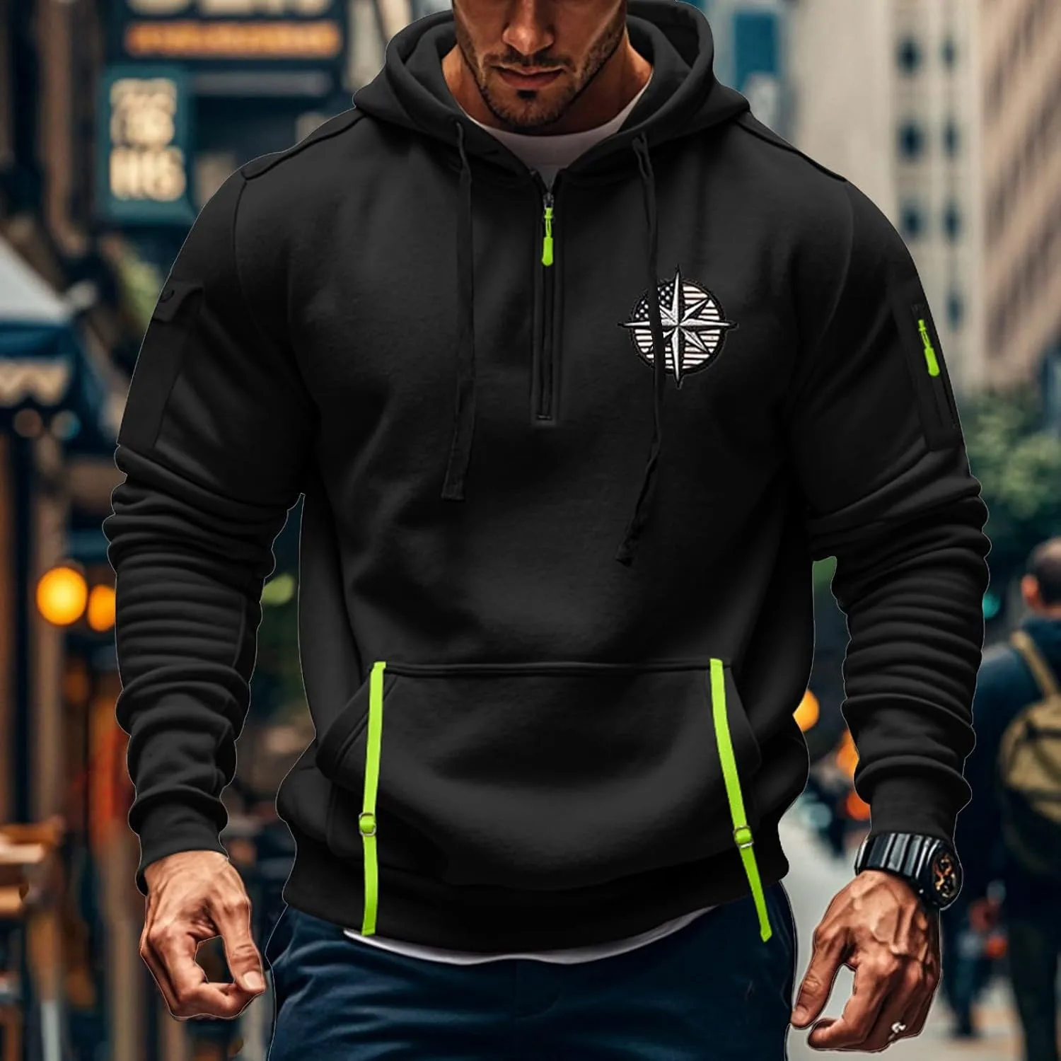 Толстовка с капюшоном Quarter Zip, мужская, оверсайз, флисовая, с карманами — фото 2