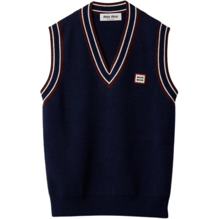 

Вязаный жилет с V-образным вырезом и полосатой отделкой MIU MIU, синий