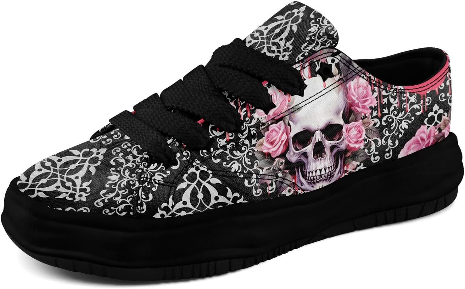 

Кеды с готическим принтом черепа для мужчин и женщин - низкие кеды из ткани с резиновой подошвой EVA, панк-стритвир мода Awsole, черный/розовый