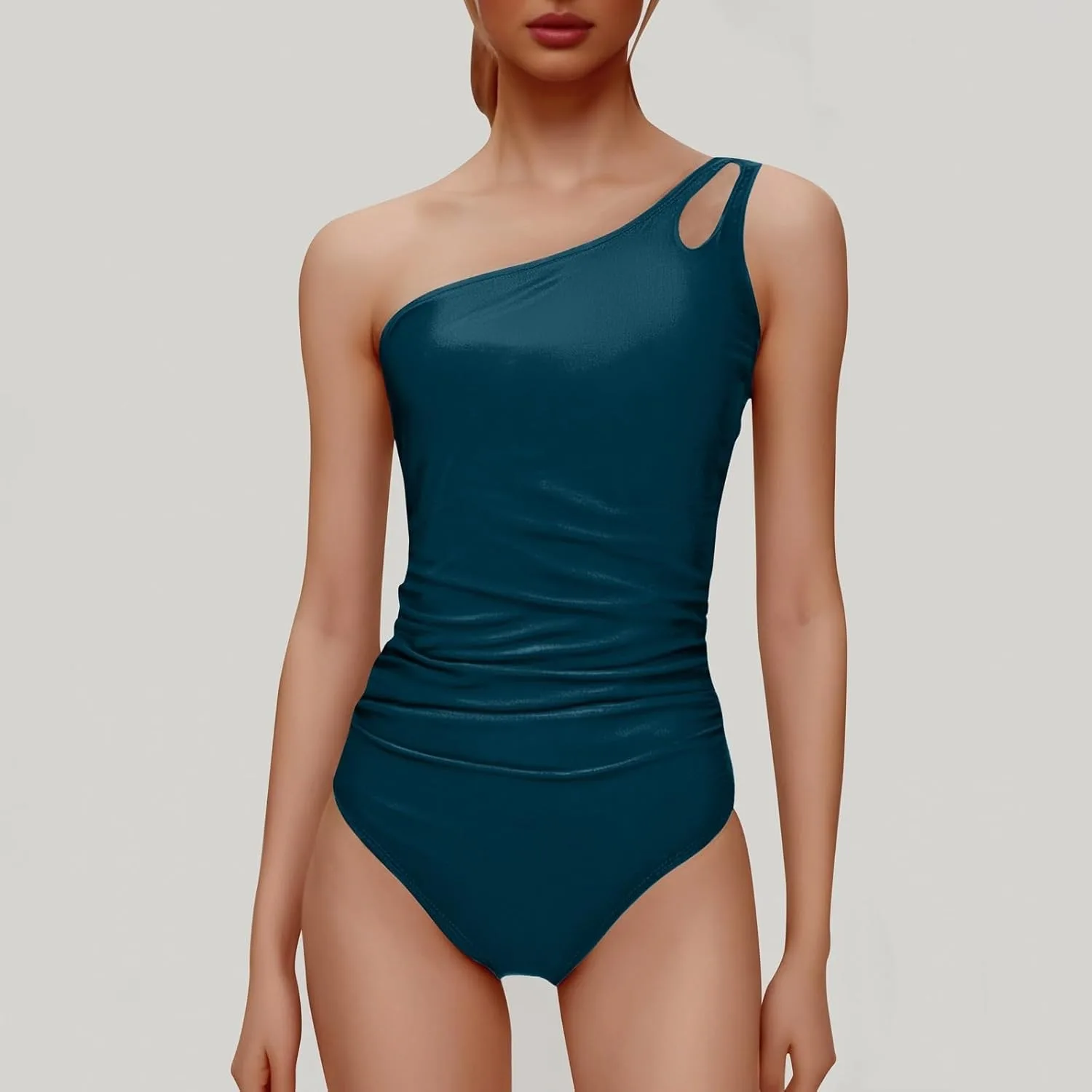 Слитный купальник на одно плечо для женщин, корректирующий фигуру, скромный, с полным покрытием, с вырезом-«замочной скважиной», модель 2026 года Generic, синий — фото 2