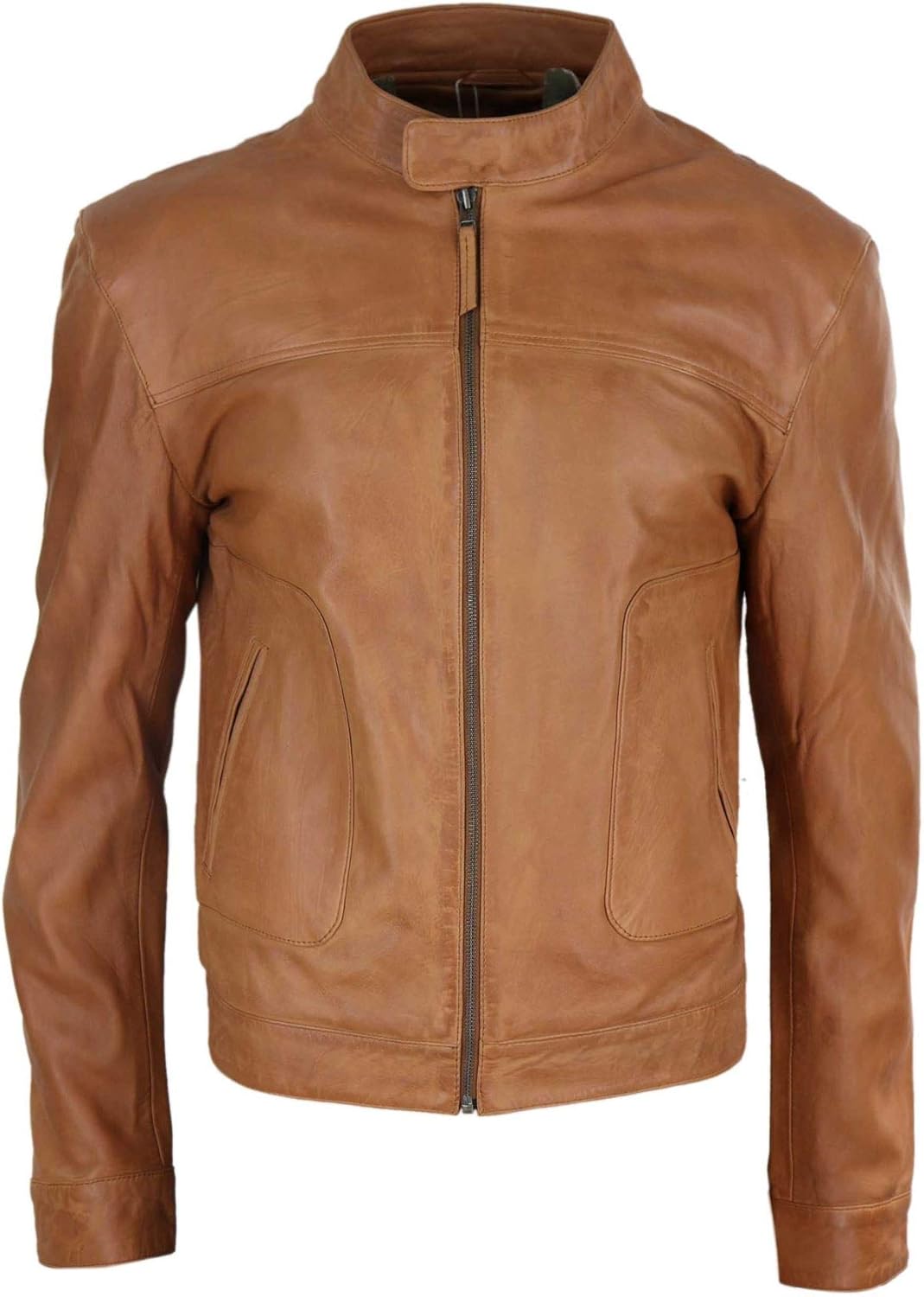 

Mens Classic Casual Genuine Leather Biker Style Jacket Collarless Retro Infinity Leather