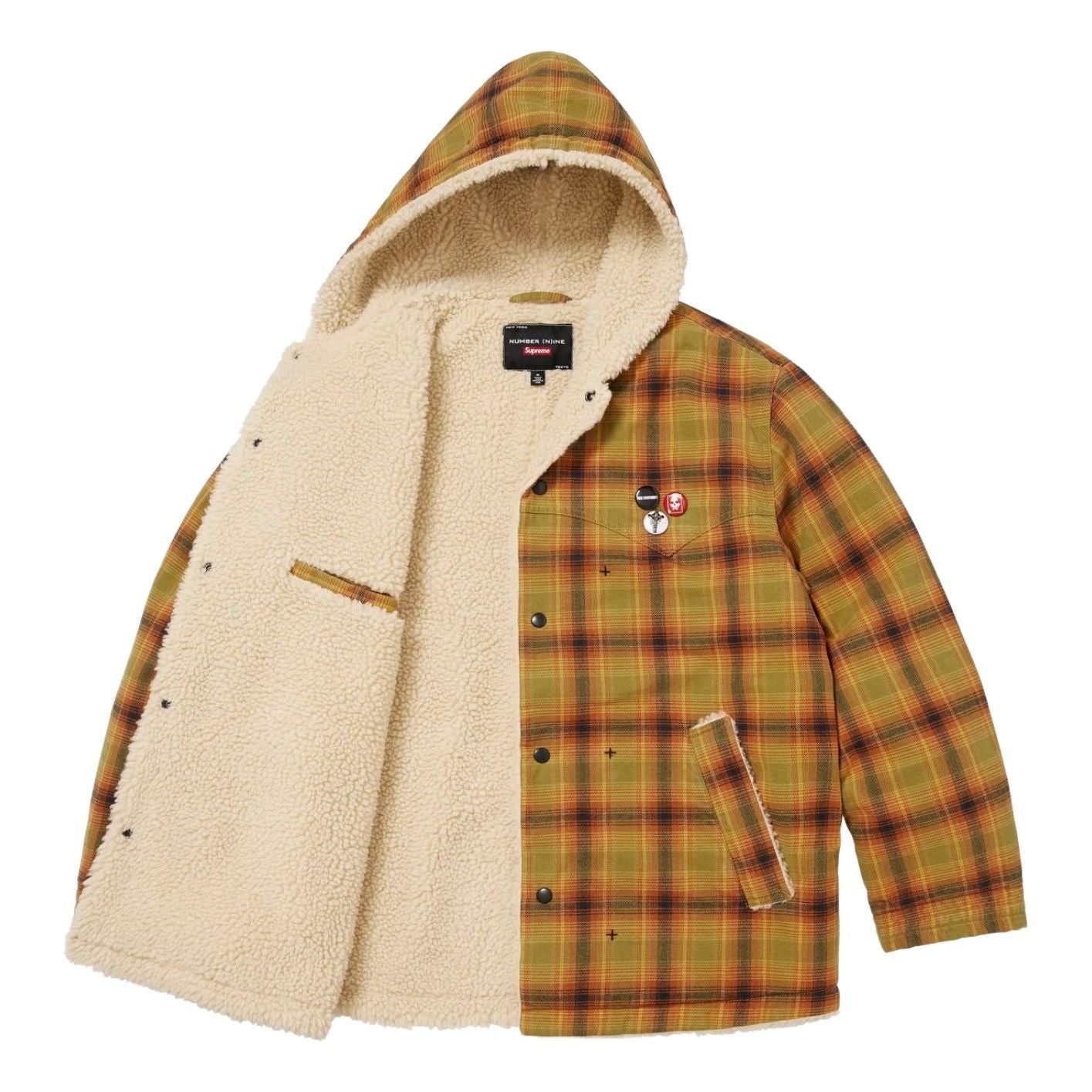 Пальто Supreme FW25 x Number (N)ine с капюшоном из искусственной овчины, клетчатое — фото 2