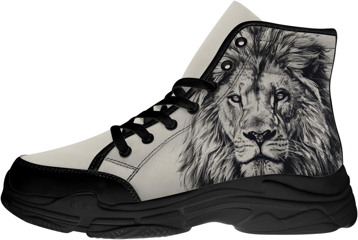 

Мужские высокие кеды Lion на шнуровке из холщовой ткани, подарки с изображением льва для него и для нее Quorax, черный/бежевый