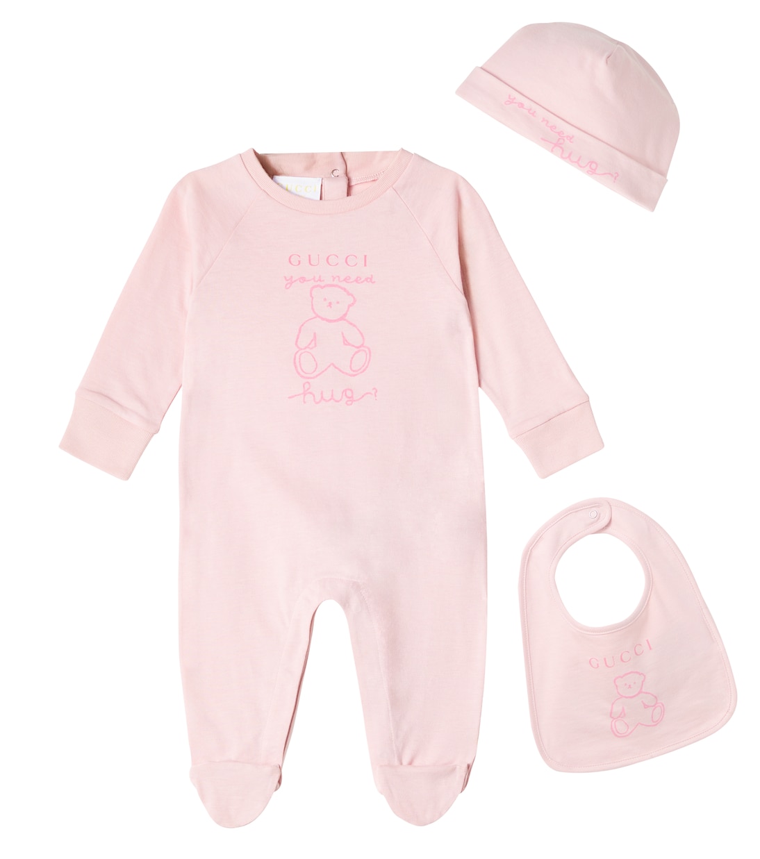

Детский комплект из хлопкового джерси: боди, слюнявчик и шапочка Gucci Kids, Faded Rose/ Mc