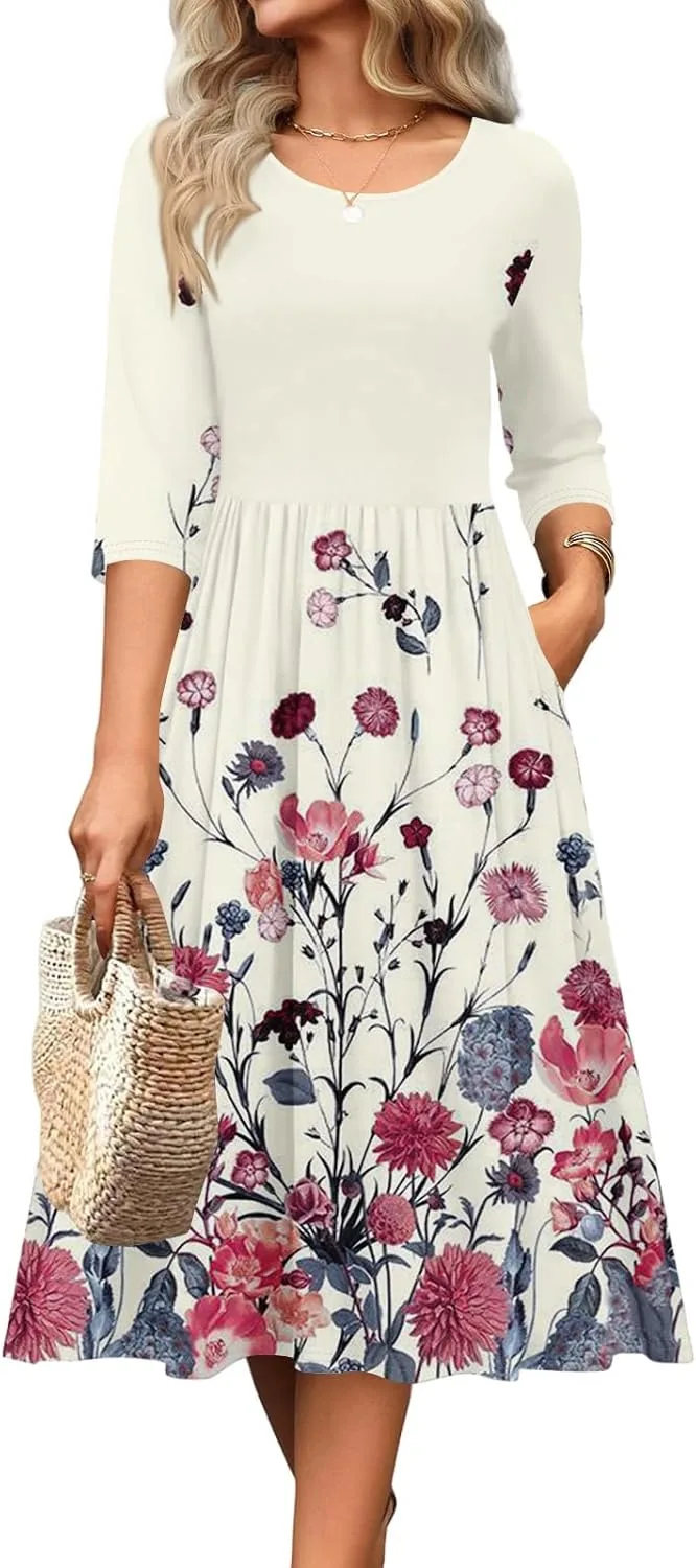 Женское платье Comfy Flowy с круглым вырезом, 3/4 рукава, силуэт A-Line, летнее платье, модный принт, повседневное свободное платье с карманами Generic, бежевый — фото 4