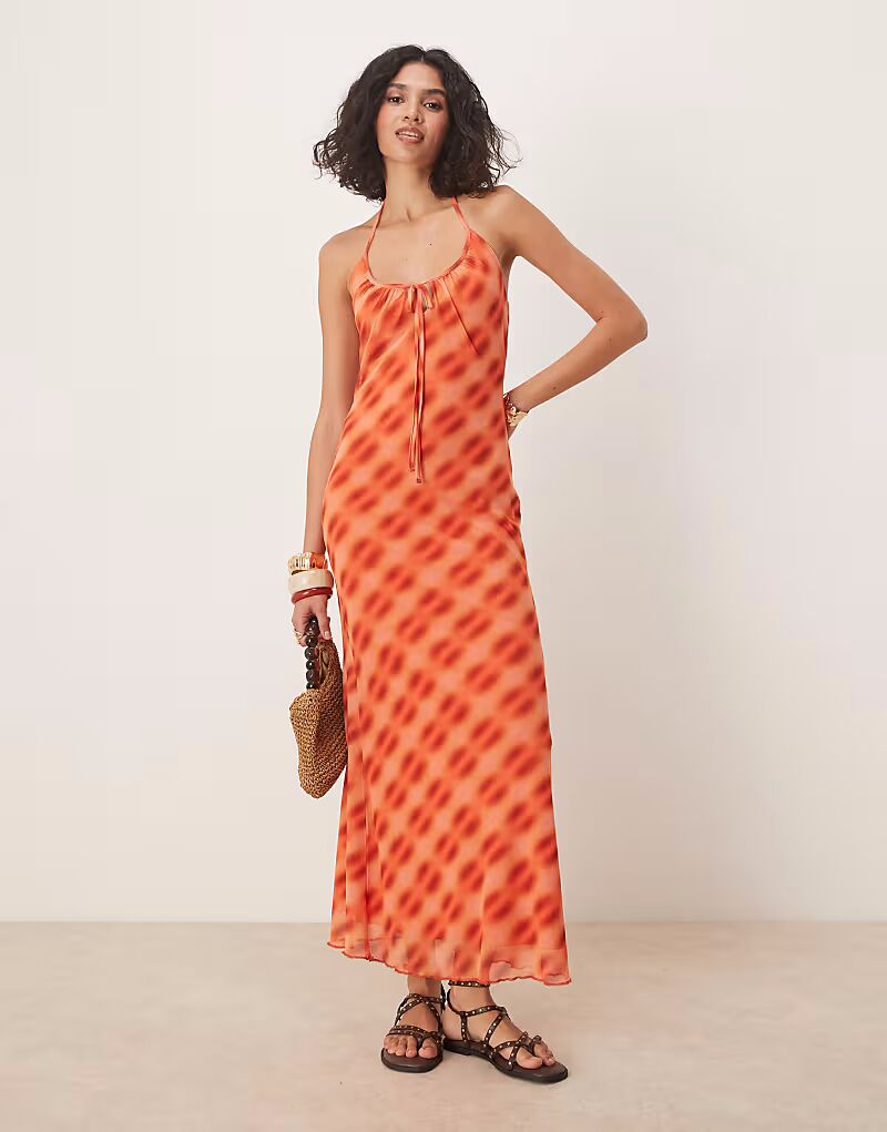 

Платье-миди с сетчатой ​​застежкой-халтер ASOS DESIGN в оранжевую клетку