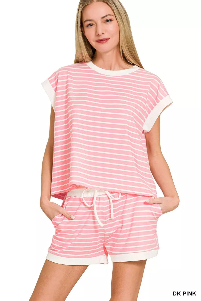 

Комплект из топа и шорт в полоску с контрастной отделкой TRUEDAMES, темно-розовый