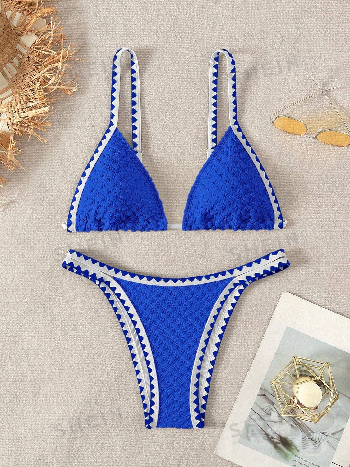 

Купальник текстурированный Shein Swim BohoFeel с зигзагообразной отделкой, синий