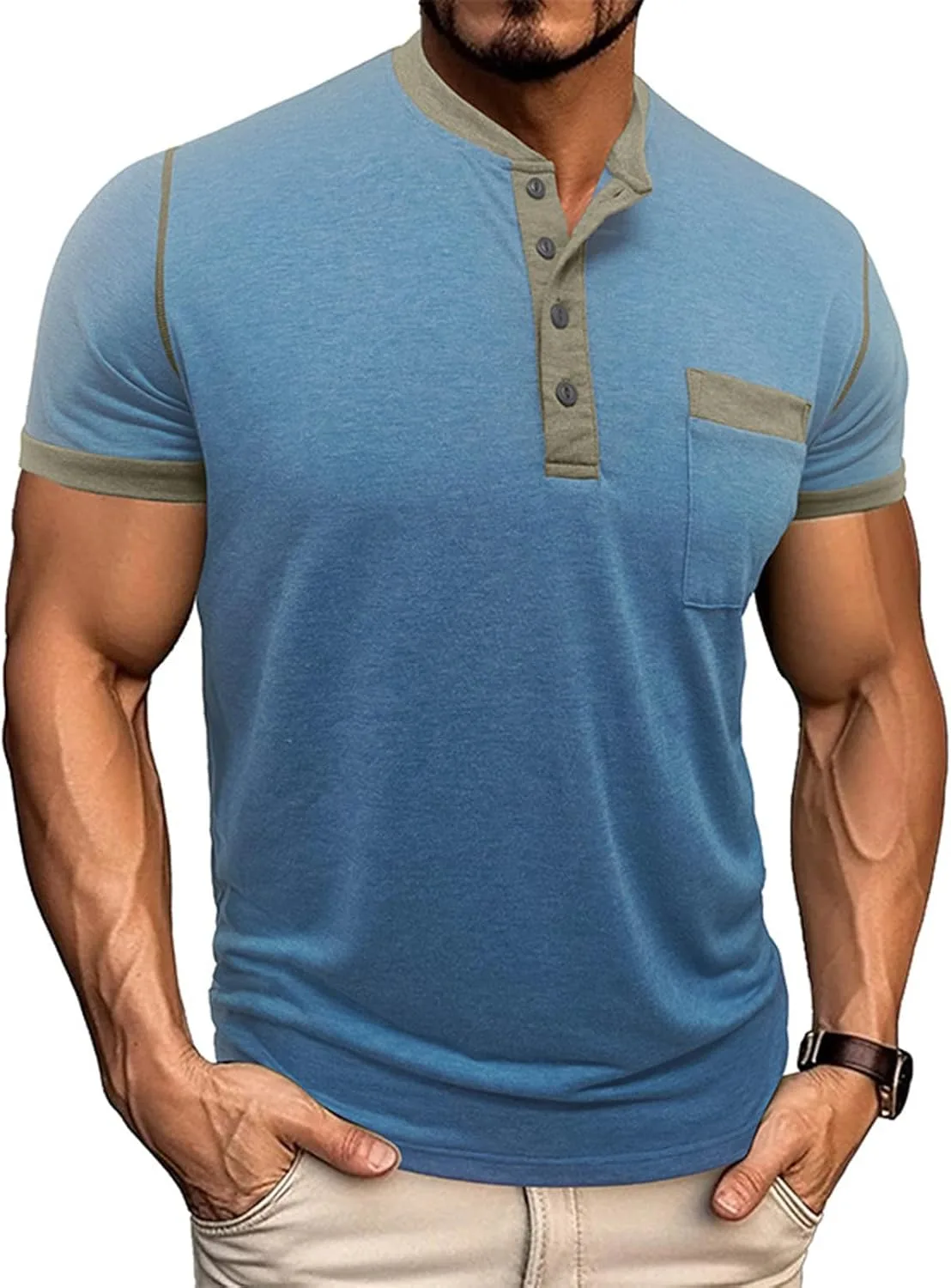 

Мужская хлопковая футболка-хенли с коротким рукавом и карманом