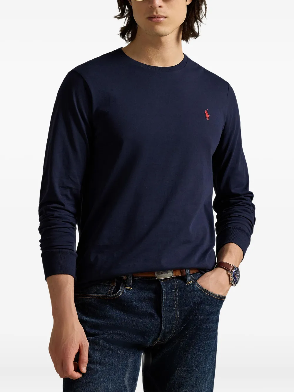 Вышитая футболка с длинными рукавами Polo Ralph Lauren, синий — фото 3
