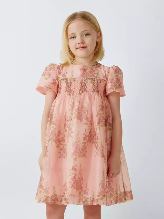 Детское платье из органзы с цветочным принтом, розовое John Lewis Heirloom Collection