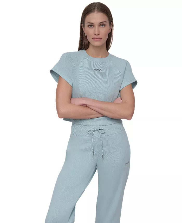 

Женский укороченный топ с коротким рукавом и мини-логотипом со стразами DKNY, синий
