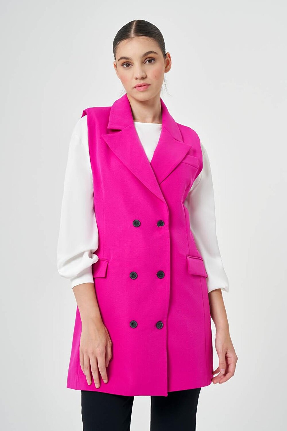 

Двубортный длинный жилет цвета фуксии Mizalle