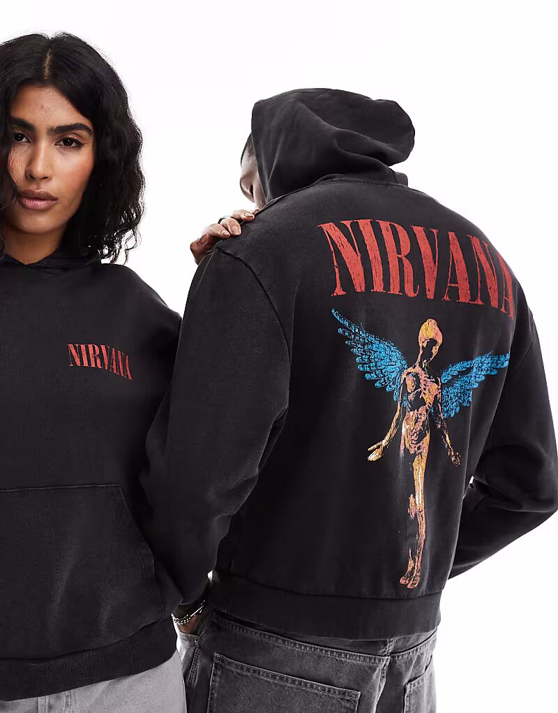 

Свободная толстовка унисекс с принтом Nirvana в выбеленном черном цвете Asos Design