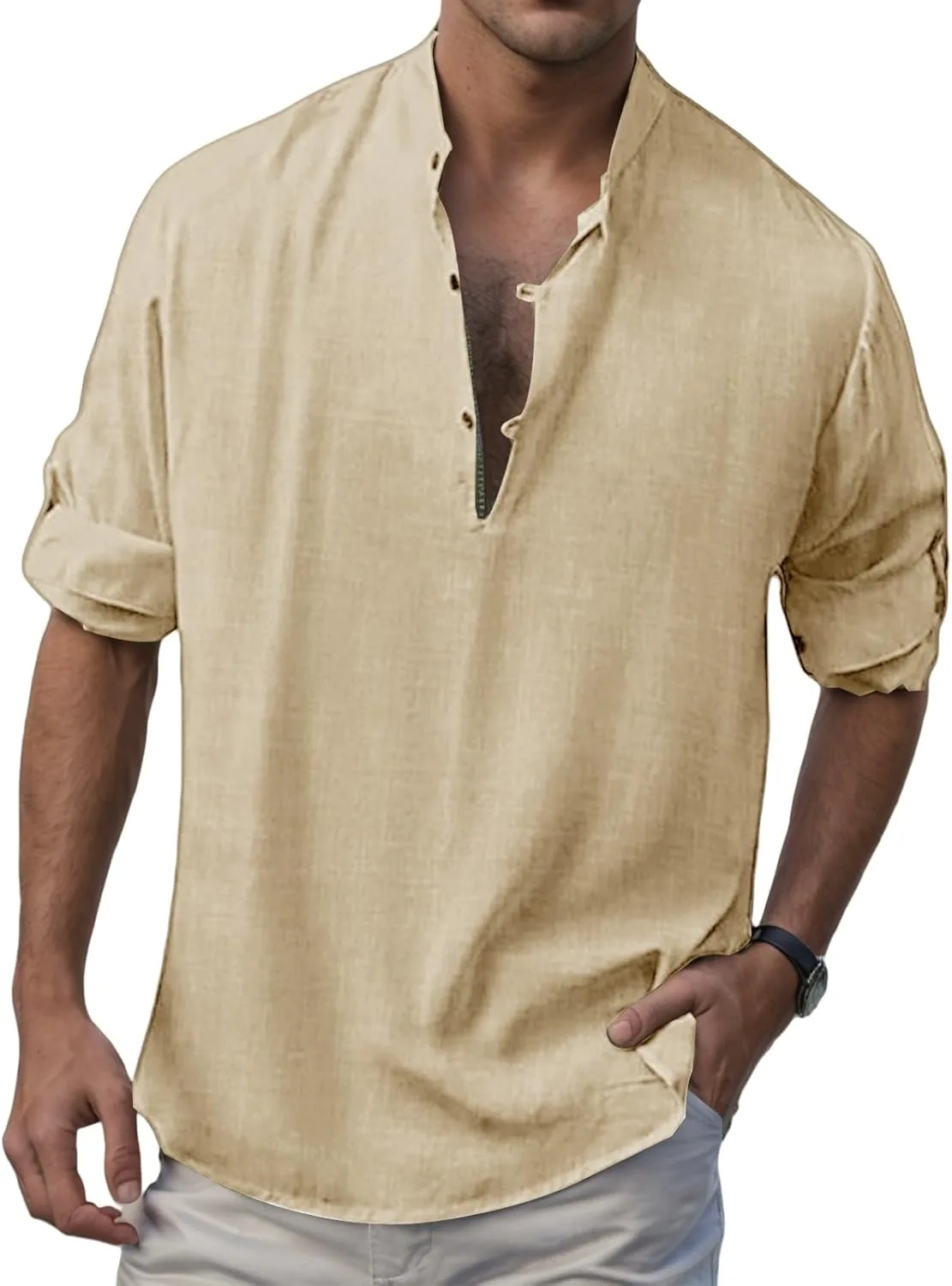 

Мужская рубашка с длинным рукавом и воротником стойкой, льняная, легкая Thatrich